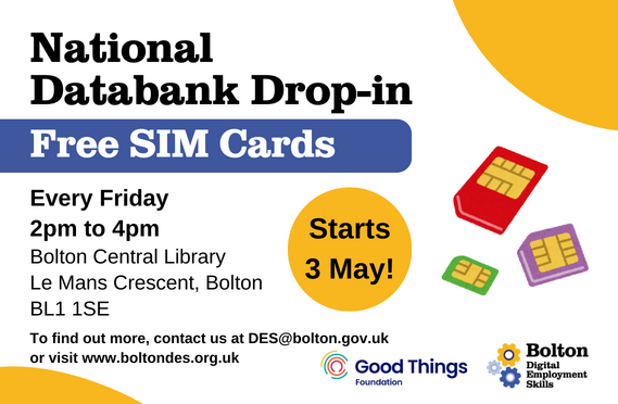 Graphic promoting the National Databank Drop-In, with dates, times and location. Also contains DES logo and Good Things Foundation logo.